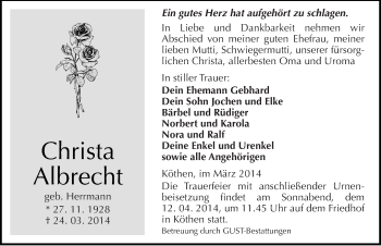 Traueranzeige von Christa Albrecht von Mitteldeutsche Zeitung Köthen