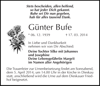 Traueranzeige von Günter Bufe von Mitteldeutsche Zeitung Halle/Saalkreis