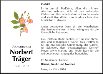 Traueranzeige von Norbert Träger von Mitteldeutsche Zeitung Aschersleben