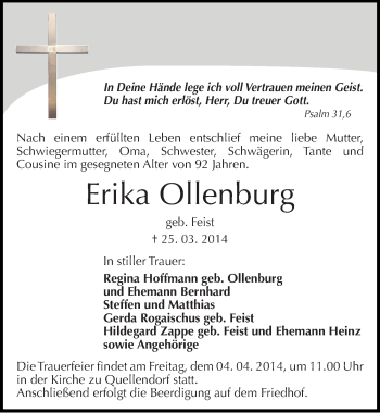 Traueranzeige von Erika Ollenburg von Mitteldeutsche Zeitung Köthen