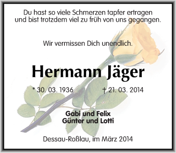 Traueranzeige von Hermann Jäger von Mitteldeutsche Zeitung Dessau-Roßlau