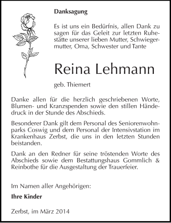 Traueranzeige von Reina Lehmann von Mitteldeutsche Zeitung