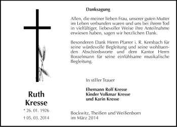 Traueranzeige von Ruth Kresse von Mitteldeutsche Zeitung Zeitz