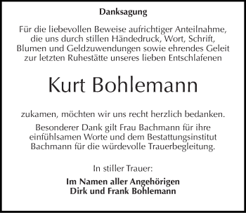 Traueranzeige von Kurt Bohlemann von Mitteldeutsche Zeitung Dessau-Roßlau