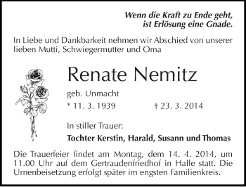 Traueranzeige von Renate Nemitz von Mitteldeutsche Zeitung Halle/Saalkreis