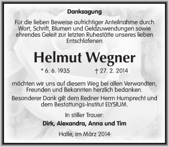 Traueranzeige von Helmut Wegner von Mitteldeutsche Zeitung Halle/Saalkreis