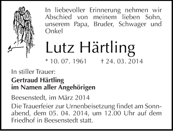 Traueranzeige von Lutz Härtling von Mitteldeutsche Zeitung Halle/Saalkreis