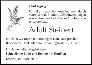 Traueranzeige von Adolf Steinert von Mitteldeutsche Zeitung Halle/Saalkreis
