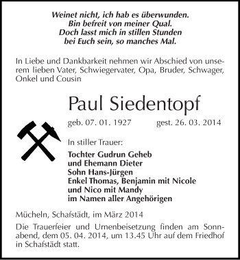 Traueranzeige von Paul Siedentopf von Mitteldeutsche Zeitung Merseburg/Querfurt