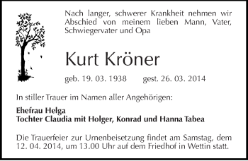 Traueranzeige von Kurt Kröner von Mitteldeutsche Zeitung Halle/Saalkreis