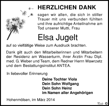 Traueranzeige von Elsa Jugelt von Mitteldeutsche Zeitung Weißenfels