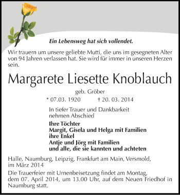 Traueranzeige von Margarete Liesette Knoblauch von Mitteldeutsche Zeitung Naumburg/Nebra