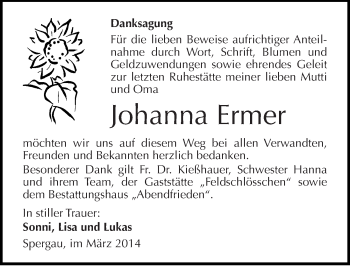 Traueranzeige von Johanna Ermer von Mitteldeutsche Zeitung Merseburg/Querfurt