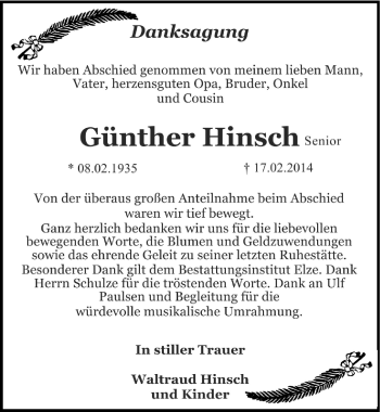 Traueranzeige von Günther Hinsch von Mitteldeutsche Zeitung Dessau-Roßlau