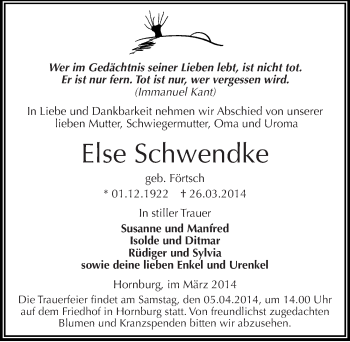 Traueranzeige von Else Schwendke von Mitteldeutsche Zeitung Mansfelder Land