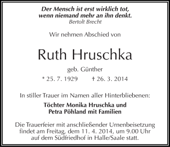 Traueranzeige von Ruth Hruschka von Mitteldeutsche Zeitung Halle/Saalkreis