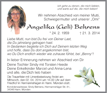 Traueranzeige von Arulgelika Behrens von Mitteldeutsche Zeitung Quedlinburg