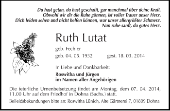 Traueranzeige von Ruth Lutat von Mitteldeutsche Zeitung Halle/Saalkreis