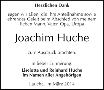 Traueranzeige von Joachim Huche von Mitteldeutsche Zeitung Naumburg/Nebra