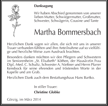 Traueranzeige von Martha Bommersbach von Mitteldeutsche Zeitung Köthen