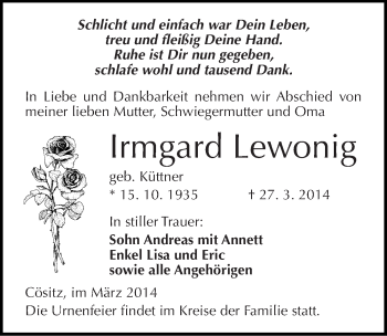Traueranzeige von Irmgard Lewonig von Mitteldeutsche Zeitung Köthen