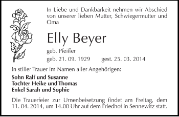 Traueranzeige von Elly Beyer von Mitteldeutsche Zeitung Halle/Saalkreis
