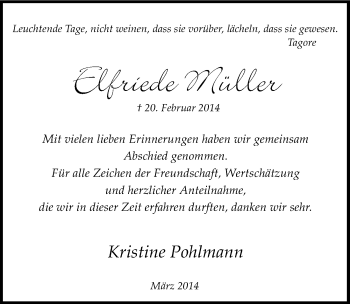 Traueranzeige von Elfriede Müller von Mitteldeutsche Zeitung Weißenfels