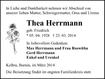 Traueranzeige von Thea Herrmann von Mitteldeutsche Zeitung Sangerhausen