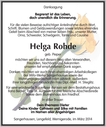 Traueranzeige von Helga Rohde von Mitteldeutsche Zeitung Sangerhausen