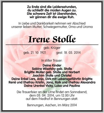 Traueranzeige von Irene Stolle von Mitteldeutsche Zeitung Sangerhausen