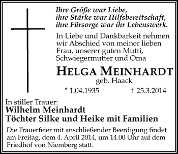Traueranzeige von Helga Meinhardt von Mitteldeutsche Zeitung Halle/Saalkreis