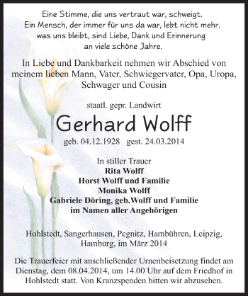 Traueranzeige von Gerhard Wolff von Mitteldeutsche Zeitung Sangerhausen