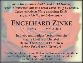 Traueranzeige von Engelhard Zinke von Mitteldeutsche Zeitung Halle/Saalkreis