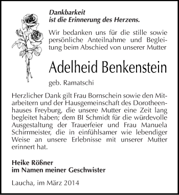 Traueranzeige von Adelheid Benkenstein von Mitteldeutsche Zeitung Naumburg/Nebra