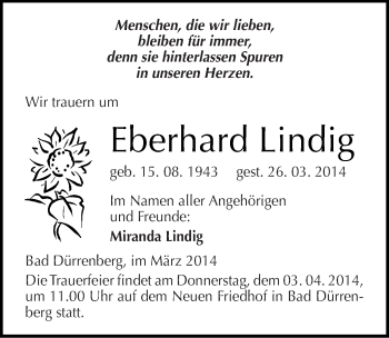 Traueranzeige von Eberhard Lindig von Mitteldeutsche Zeitung Merseburg/Querfurt