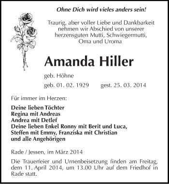Traueranzeige von Amanda Hiller von Mitteldeutsche Zeitung Wittenberg