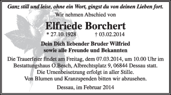 Traueranzeige von Elfriede Borchert von Super Sonntag Dessau / Köthen