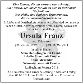 Traueranzeige von Ursula Franz von WVG - Wochenspiegel Merseburg