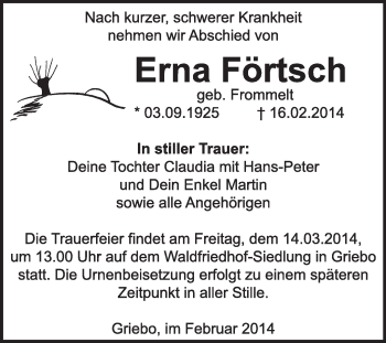 Traueranzeige von Erna Förtsch von WVG - Wochenspiegel Wittenberg
