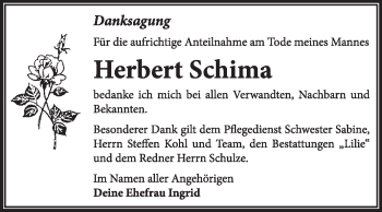 Traueranzeige von Herbert Schima von Super Sonntag Dessau / Köthen
