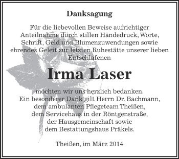 Traueranzeige von Irma Laser von Super Sonntag Zeitz