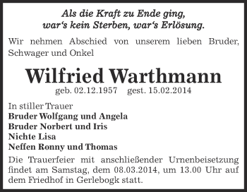 Traueranzeige von Wilfried Warthmann von Super Sonntag Bernburg