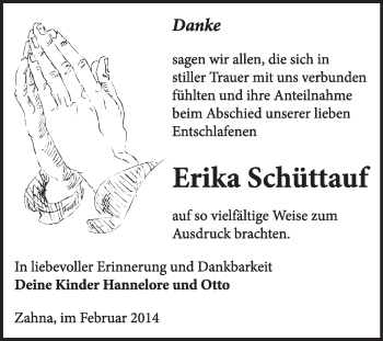 Traueranzeige von Erika Schüttauf von Super Sonntag Wittenberg