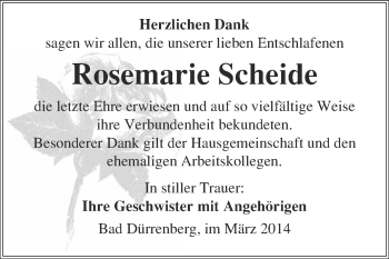Traueranzeige von Rosemarie Scheide von Super Sonntag Merseburg