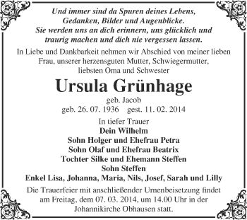 Traueranzeige von Ursula Grünhage von WVG - Wochenspiegel Merseburg