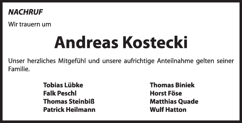  Traueranzeige für Andreas Kostecki vom 02.03.2014 aus Super Sonntag Dessau / Köthen