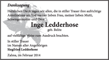 Traueranzeige von Inge Ledderhose von Super Sonntag Wittenberg