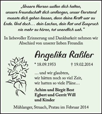 Traueranzeige von Angelika Raßler von Super Sonntag Wittenberg