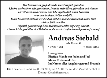 Traueranzeige von Andreas Siebald von Super Sonntag Dessau / Köthen