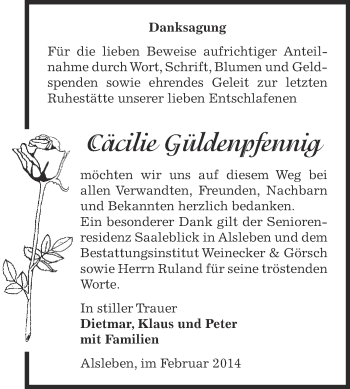 Traueranzeige von Cäcilie Güldenpfennig von Super Sonntag Bernburg